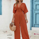 Women's Elegant Plain Kimono Sleeve Deep V Neck Ruched Button Decor Jumpsuit Orange Red Clothing Wholesale Market -LIUHUA