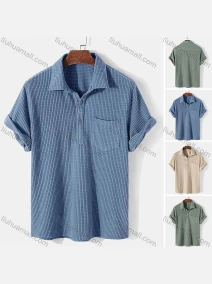 Wholesale Men's Casual Plain Plaid Texture Short Sleeve Patch Pocket Polo Shirt, LIUHUA CLOTHING WHOLESALE