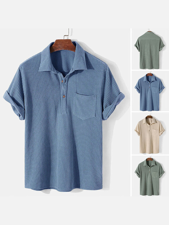 Men's Casual Plain Plaid Texture Short Sleeve Patch Pocket Polo Shirt, Clothing Wholesale Market -LIUHUA, 