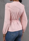 Wholesale Women's Casual Plain V Neck Lace Trim Long Sleeve Blouse - Liuhuamall