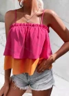 Wholesale Women's Spaghetti Strap Ruffle Trim Layered Sttiching Color Crop Cami Top AY258# - Liuhuamall