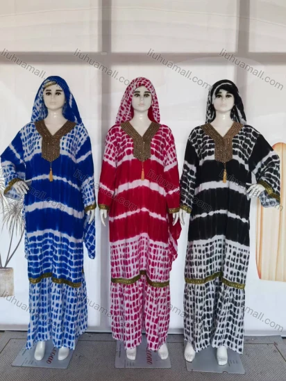 Wholesale Women’s Striped Tie-Dye Africa Kaftan Dress Stylish Oversized Design with Beaded Accents