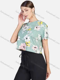 Wholesale Women's Floral Print Mock Neck Short Sleeve Crop T-Shirt, LIUHUA CLOTHING WHOLESALE