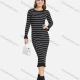 Wholesale Women's Casual Long Sleeve Round Neck Ruffle Hem Striped Slim Knit Midi Sweater Dress 2115# Black Clothing Wholesale Market Liuhua