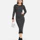 Women's Casual Long Sleeve Round Neck Ruffle Hem Striped Slim Knit Midi Sweater Dress 2115# Black Clothing Wholesale Market -LIUHUA