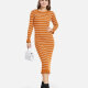 Women's Casual Long Sleeve Round Neck Ruffle Hem Striped Slim Knit Midi Sweater Dress 2115# C606# Clothing Wholesale Market -LIUHUA