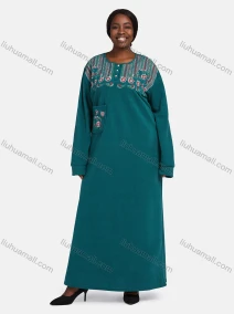 Wholesale Women's Vintage Long Sleeve Button Front Pocket Embroidery Pattern Crew Neck Maxi Nightgown, LIUHUA CLOTHING WHOLESALE