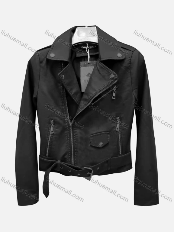Wholesale Women's Casual Plain Lapel Long Sleeve Zipper PU Leather Jacket With Belt