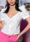 Wholesale Women's Double V Neck Puff Sleeve Button Down Plain Blouse AY261# - Liuhuamall