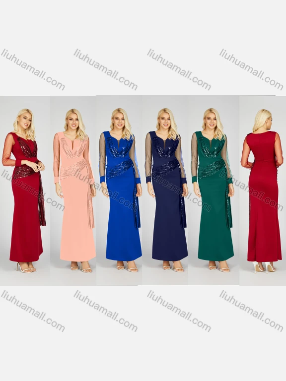 Wholesale Women's Glamorous Plain Sequin Pleated Splicing Sheer Lace Long Sleeve Maxi Evening Dress 7027#