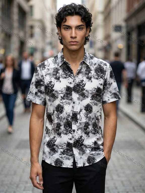 Wholesale 2026 New Men's Slim Fit Short Sleeve Shirt | Black White Abstract Print Button Down Casual Top, Wholesale & In Stock