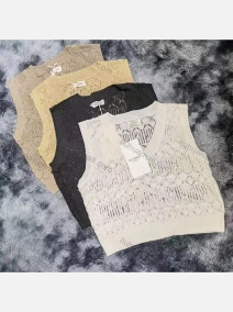 Wholesale Women's Casual Plain V Neck Hollow Out Pullover Knit Tank Top, LIUHUA CLOTHING WHOLESALE