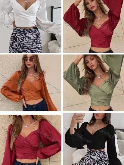 Wholesale Women's Fashion V Neck Long Sleeve Wrap Plain Crop Top