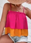 Wholesale Women's Spaghetti Strap Ruffle Trim Layered Sttiching Color Crop Cami Top AY258# - Liuhuamall
