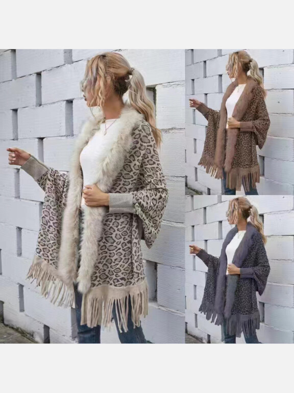 Women's Casual Fashion Leopard Fuzzy Collar Scalf Hem Mid Length Cape, Clothing Wholesale Market -LIUHUA, All Categories