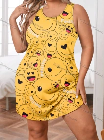 Wholesale Women's Milk Silk Allover Print Crew Neck Curved Hem Lounge Tank Short Nightdress DM1201-01#, LIUHUA CLOTHING WHOLESALE