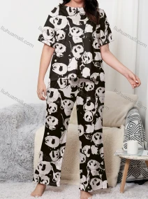 Wholesale Women's Lounge Milk Silk Allover Panda Print Short Sleeve T-shirt & Pant Soft Pajamas Sets DM02304-03#, LIUHUA CLOTHING WHOLESALE