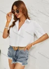 Wholesale Woman's Casual Shirt Collar Button Front Short Sleeve Plain Crop Top - Liuhuamall