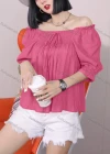 Wholesale Women's Causal Off Shoulder Puff Sleeve Tie Front Plain Blouse - Liuhuamall
