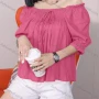 Wholesale Women's Causal Off Shoulder Puff Sleeve Tie Front Plain Blouse preview