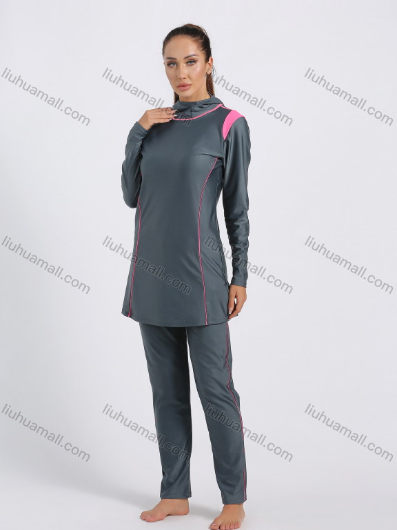 Wholesale Women's Modest Muslim Full Coverage Contrast Burkini Swimsuit With Hijab 2 Piece Set