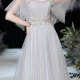 Women's Elegant Mesh Ruffle Trim Sequin High Waist Maxi Evening Dress Light Gray Clothing Wholesale Market -LIUHUA