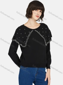 Wholesale Women's Casual Plain Rhinestone Pearl Decor Round Neck Long Sleeve Sweater, LIUHUA CLOTHING WHOLESALE