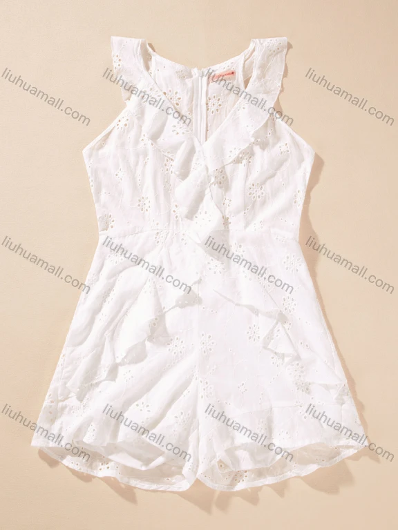 Wholesale Women's Casual Sleeveless Eyelet Embroidery Ruffle Trim Romper