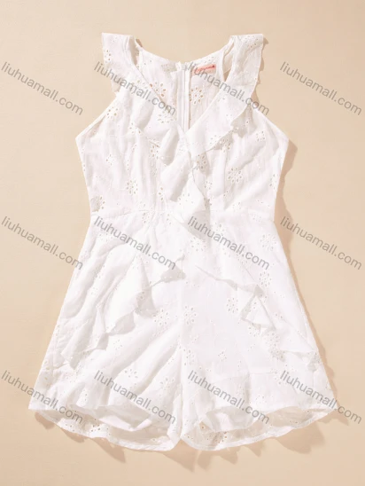 Wholesale Women's Casual Sleeveless Eyelet Embroidery Ruffle Trim Romper