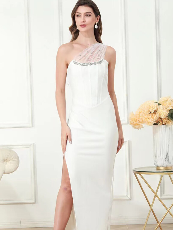 Women's Elegant Asymmetrical Neck Mesh Rhinestone Side Slit Maxi Evening Dress, Clothing Wholesale Market -LIUHUA, 