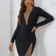 Women's Sexy Crew Neck Long Sleeve Mesh Bodycon Short Dress Black Clothing Wholesale Market -LIUHUA