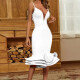 Women's Sexy Plunge Neck Layered Hem Midi Cami Dress White Clothing Wholesale Market -LIUHUA