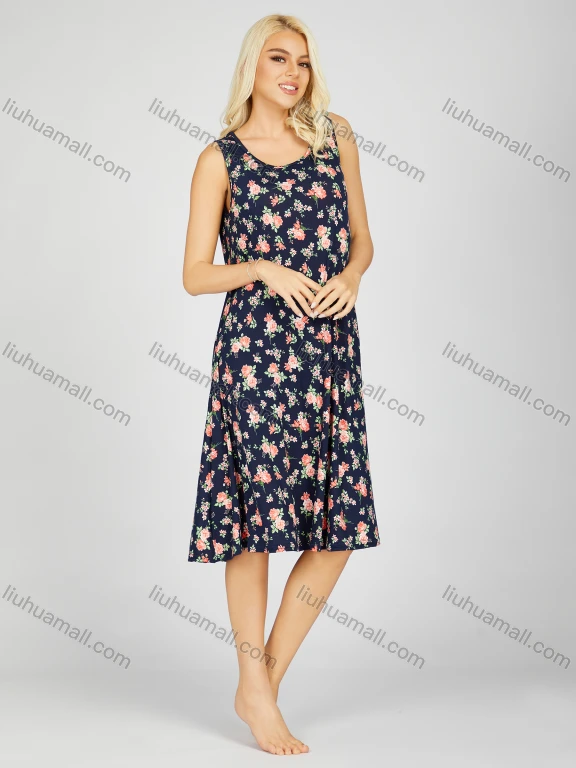 Wholesale Women's Soft Milk Silk Allover Floral Print Scoop Neck Lounge Tank Midi Night Dress 1005#