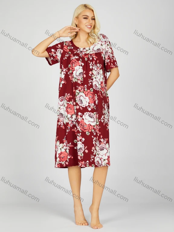 Wholesale Women's Soft Milk Silk Allover Floral Print Ruched Crew Neck Lounge Short Sleeve Night Dress 802#