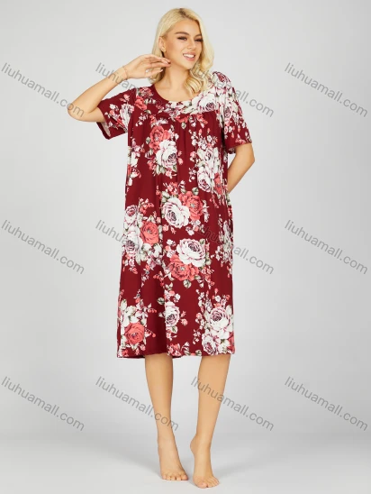 Wholesale Women's Soft Milk Silk Allover Floral Print Ruched Crew Neck Lounge Short Sleeve Night Dress 802#