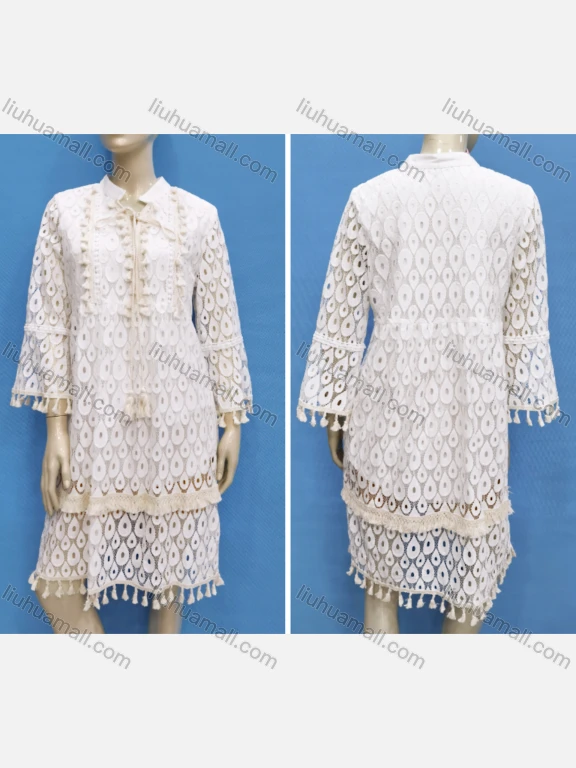 Wholesale Women's Casual 3/4 Sleeve Notched Neck Tie Front Embroidery Lace Dress