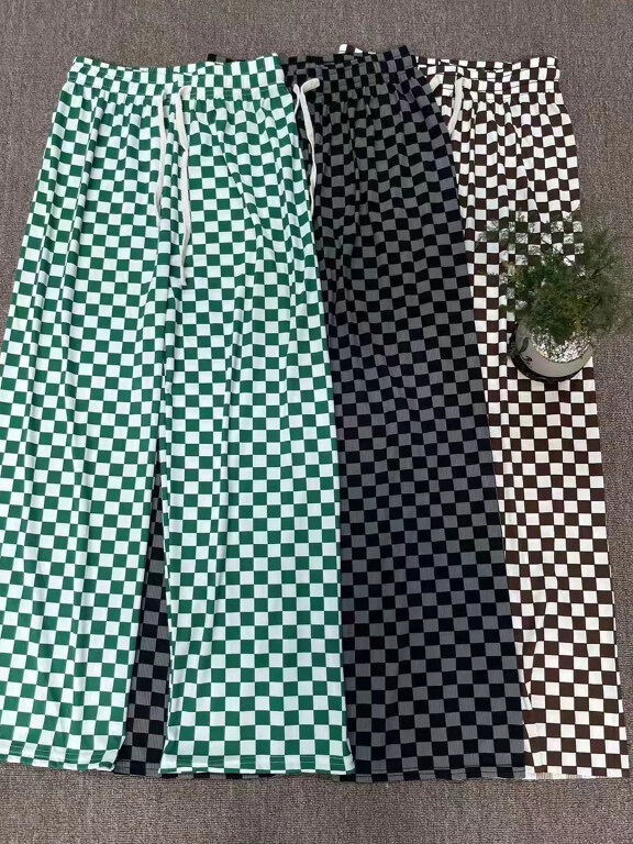 Women's Casual Drawstring Checkerboard Print Wide Leg Pants, Clothing Wholesale Market -LIUHUA, Women, Dress, Ballgown