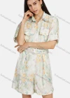 Wholesale Women's Shirt Collar Short Sleeve Floral Print Flap Pockets Button Front Romper With Belt - Liuhuamall