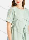 Wholesale Women's Crew Neck Drawstring Button Decor Chiffon Casual Blouse - Liuhuamall