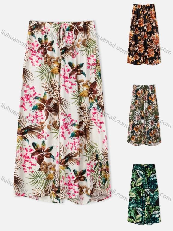 Wholesale Women's Casual Allover Leaf Floral Print Elastic Waist A-line Midi Skirts