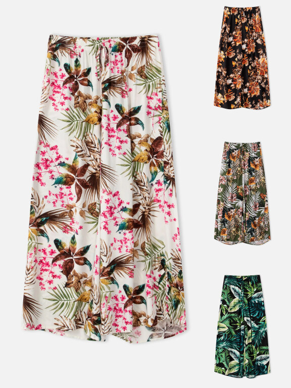Women's Casual Allover Leaf Floral Print Elastic Waist A-line Midi Skirts, Clothing Wholesale Market -LIUHUA, WOMEN, Pants-Trousers