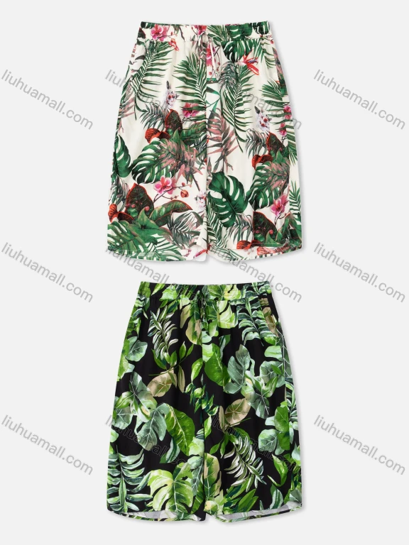 Wholesale Women's Tropical Allover Plants Print Elastic Waist Drawstring Shorts