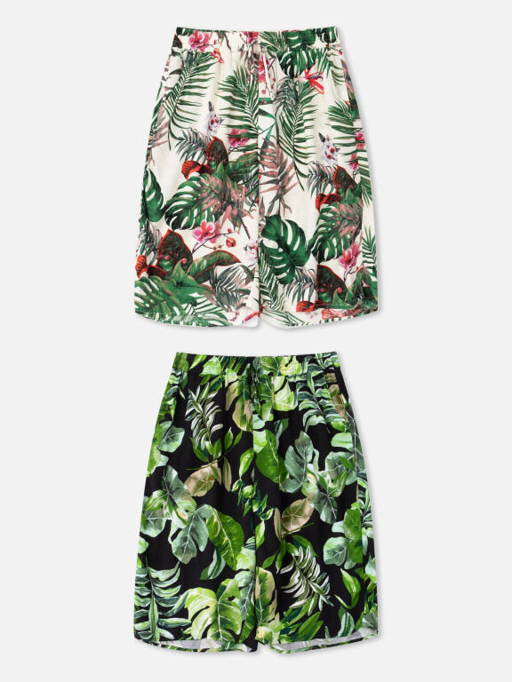 Women's Tropical Allover Plants Print Elastic Waist Drawstring Shorts, Clothing Wholesale Market -LIUHUA, WOMEN, Pants-Trousers