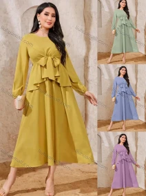 Wholesale Women's Elegant Plain Round Neck Bow Tie Ruffle Trim High Waist Long Sleeve Midi Dress, LIUHUA CLOTHING WHOLESALE