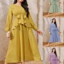Wholesale Women's Elegant Plain Round Neck Bow Tie Ruffle Trim High Waist Long Sleeve Midi Dress preview