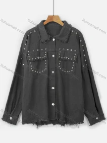 Wholesale Women's Fashion Pearl & Rivet Decor Flap Pockets Frayed Raw Hem Denim Overshirt Jacket, LIUHUA CLOTHING WHOLESALE