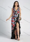 Wholesale Women's Allover Print Strap Deep V Neck Ruffled Trim Front Slit Maxi Cocktail Dress - Liuhuamall