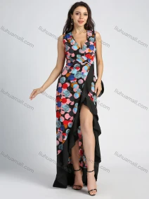Wholesale Women's Allover Print Strap Deep V Neck Ruffled Trim Front Slit Maxi Cocktail Dress, LIUHUA CLOTHING WHOLESALE