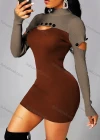 Wholesale Women's Sexy Bodycon Mock Neck Colorblock Cutout Button Decro Club Dress - Liuhuamall