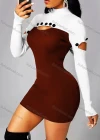 Wholesale Women's Sexy Bodycon Mock Neck Colorblock Cutout Button Decro Club Dress - Liuhuamall